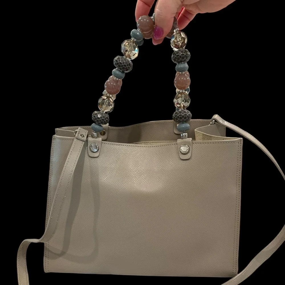 Roberta Gandolfi Taupe Leather Handbag with Beaded Handle